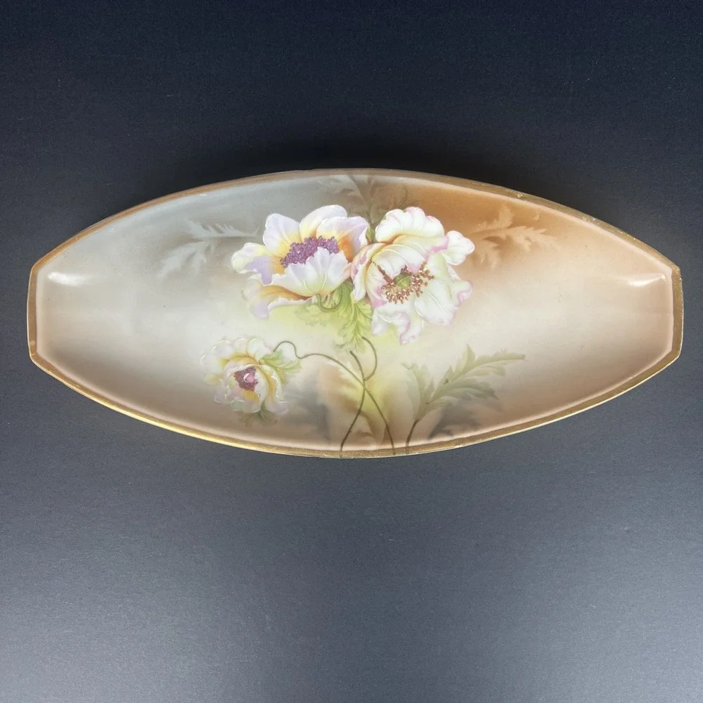 Antique RS Germany 3 Crown Berry Bowl 8 Pc Set Raised Enamel Poppy Floral Gold